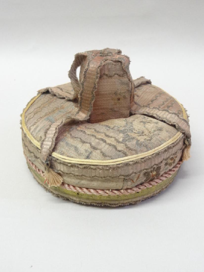 Chestnut Hill Miniature Foyer Seat: Signed Chestnut Hill upholstered "borne" settee with pink and gold fabric, gilt brass trim around base, 4.5" diameter