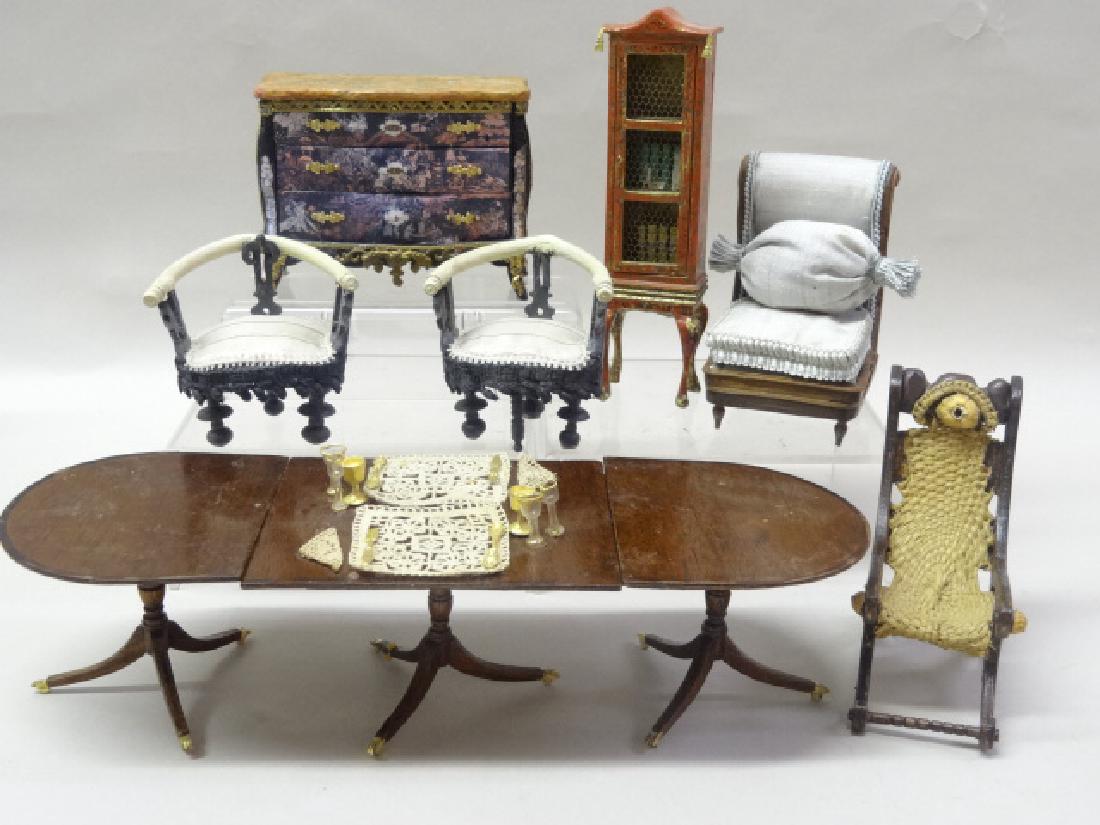 Renee Wilson Dollhouse Miniature Furniture: Nice group of furniture made or decorated by Renee Wilson, three piece banquet table on Duncan Phyfe style pedestals 10"W, Chinoiserie decorated bookcase on stand 5.5"H, French style commode 4"W, pair