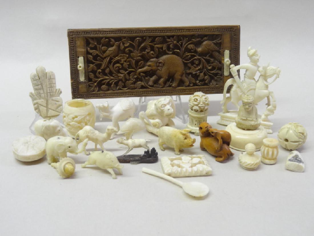 Dollhouse Miniature Bone Carvings: Nice group of carved small bone accessories, animals, carved wood panel with bone accents, beads etc. a few are netsuke, tallest 2.5"H
