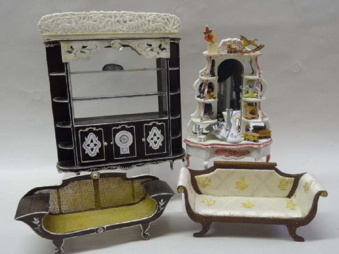 Renee Wilson Decorated Vintage Dollhouse Furniture: Vintage étagère with mirror back painted and decorated with toys by Renee Wilson 7.5"H, pair of vintage Bespaq étagères' turned in to double sided room divider and enhanced with vintage carved bon