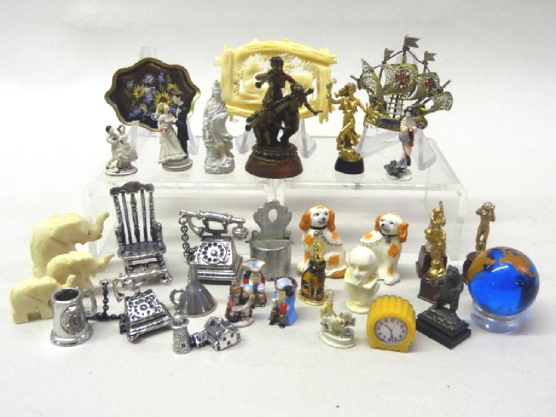 Dollhouse Accessories: Collection of miniature accessories, statues, trophies, pewter items, & 3 Olszewski figure 80-630-W, 80-630-P, & 1 unreadable, bone animals, etc., 1 3/4 in. tallest