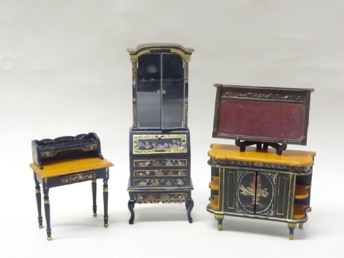 Dollhouse Painted Furniture: Dollhouse painted secretary, table, side cabinet & mirror, possibly Bespaq, 6 1/2 in. tallest