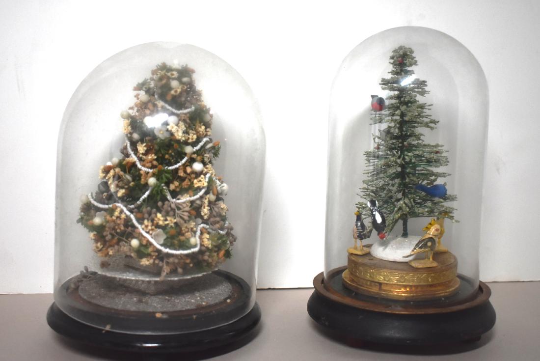 Pair of Vintage Domes with Christmas Trees: Both Trees are decorated with the art of Renee` T. Wilson, she also used various bases, domes 9 ' T x 5" Di. . Very well appointed!