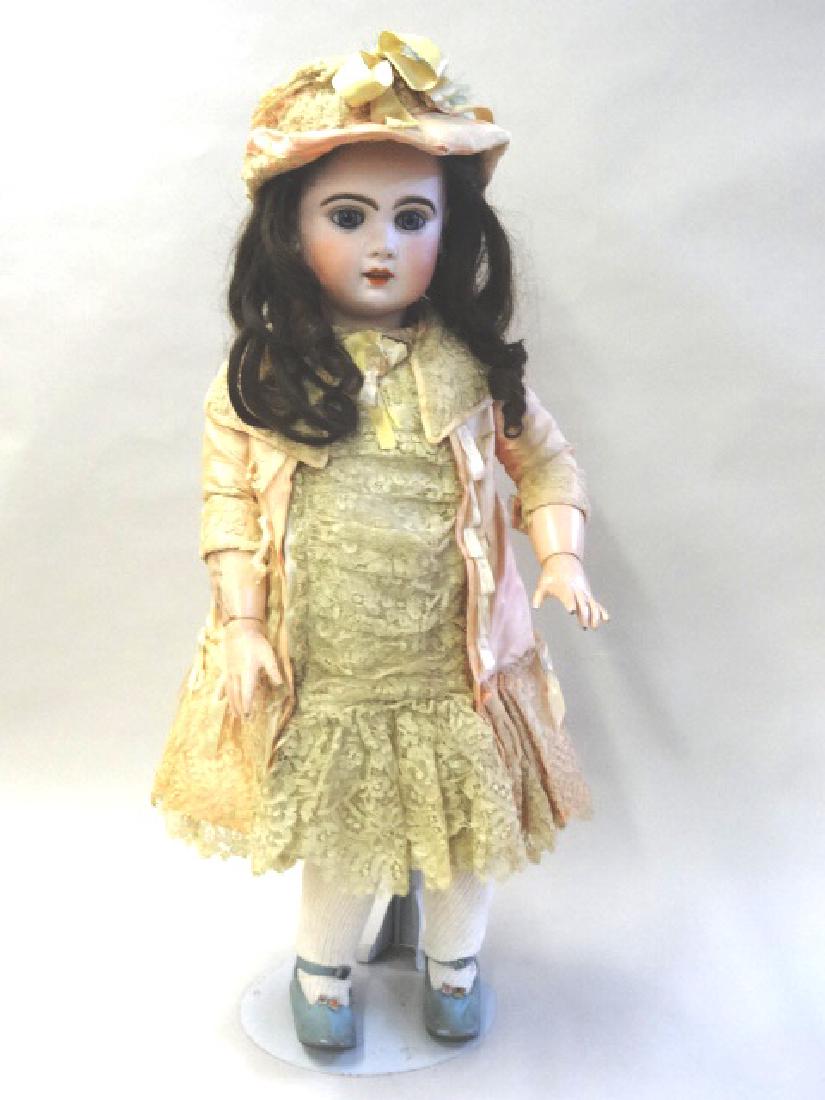 Jumeau Open Mouth Bebe Doll: Jumeau open mouth Bebe doll, lovely head w/blue gray paperweight eyes, incised (12), open mouth, 6 upper teeth, original fully jointed French body w/original paint, slight wear to body, wears salmon s