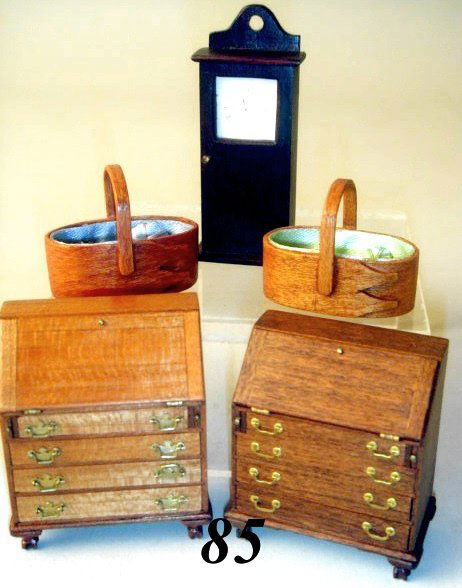 Miniature Furniture Ed Norton: 1/2" Scale: Two Drop-front Secretary Desks, Two Shaker Baskets 1 x 1 1/4", Wall Clock 2 1/4 x 1 x 1/2"