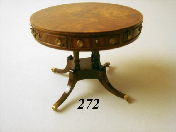 Furniture Duncan Phyfe Table: Unmarked Duncan Phyfe Round Table w/ Grained Mahogany, Two Moveable Drawers, Brass Feet w/Rollers, 2 1/4 x 3"
