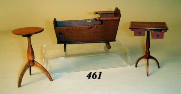 Cradle & Shaker Table George Hoffman: George Hoffman, Shaker Pedestal Stand, Turned Stem, Arched Legs, Painted Red Stand & Cradle, 2 1/4 x 2 1/2"