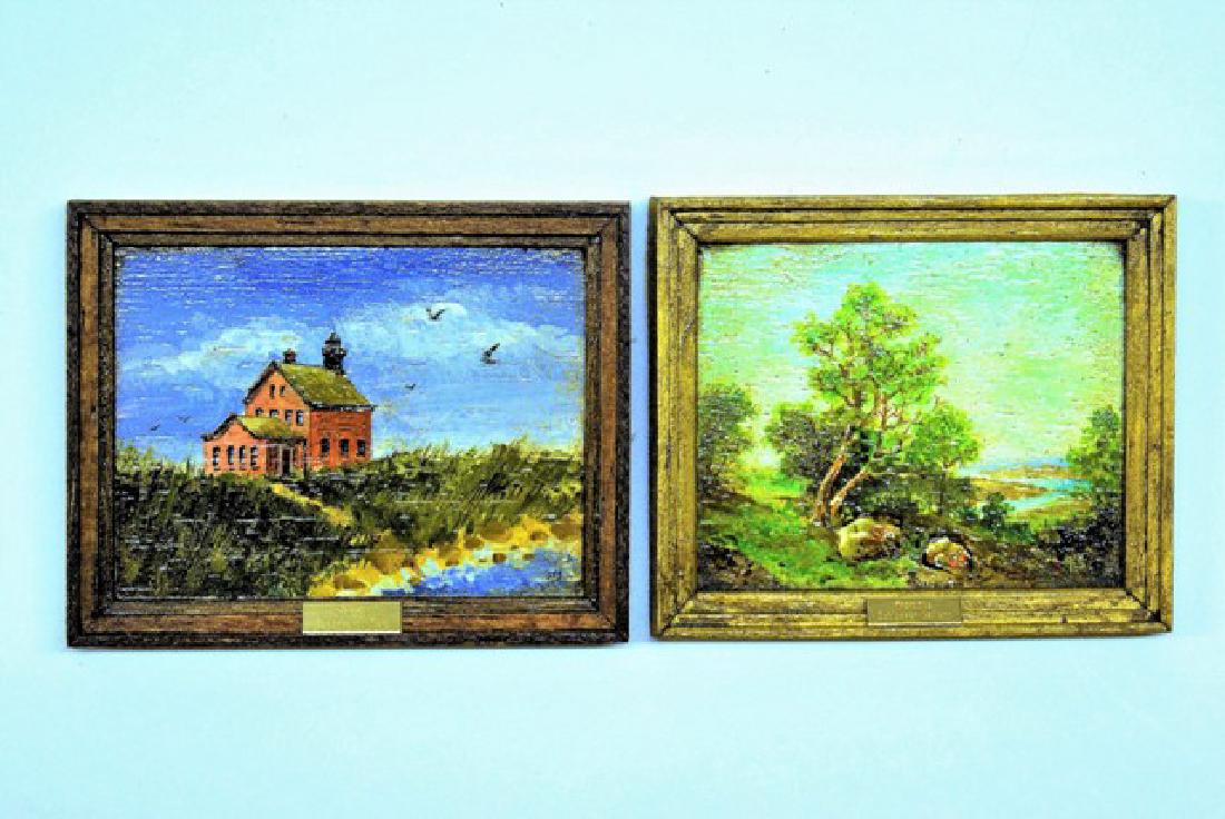 Pair of George Schlosser Dollhouse Paintings: Pair of miniature paintings on wood panel in wood frame with brass "from the Schlosser Gallery" plaques, "North Light Block Island" 3.25"W, 2.5"H, and "Upper Hudson River Landscape c. 1845" 3"W, 2.5"H