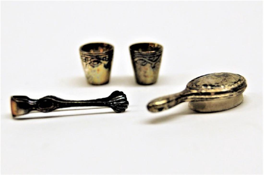 Obadiah Fisher Silver Miniatures: Obadiah Fisher dollhouse miniature sugar tongs, two gold gild tumblers and unsigned hair brush