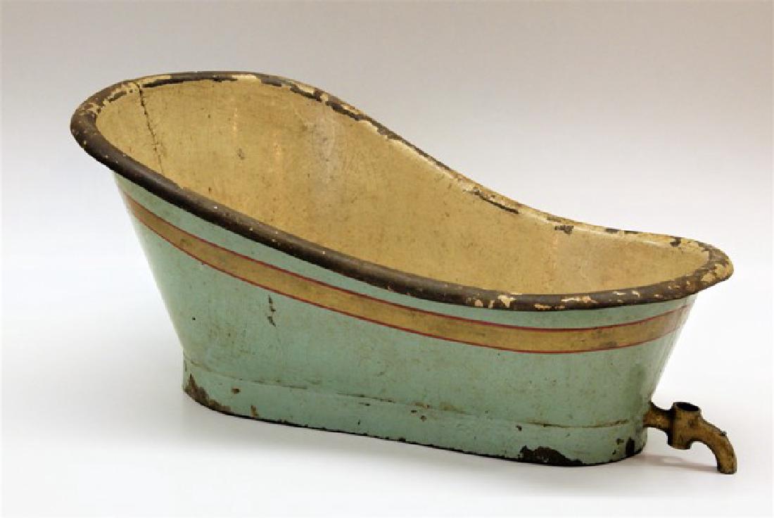 Antique Tin Doll Bath: Antique tin doll Bath, 15 in. x 6 in., shows wear, blue w/gold stripe, missing paint on top edge and knob, interesting piece