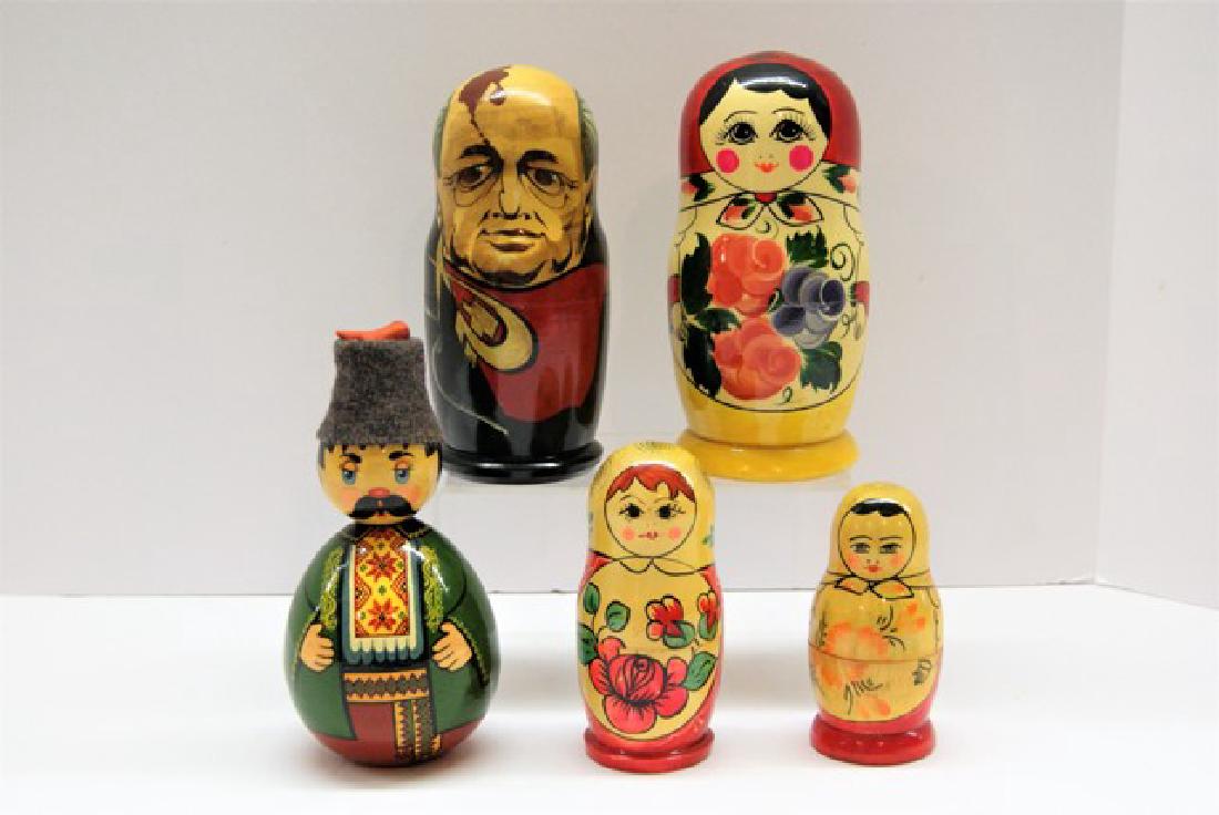 Wood Nesting Dolls & Roly Poly: Four Eastern European wood nesting dolls including Russian Rulers and a roly poly, tallest 7"