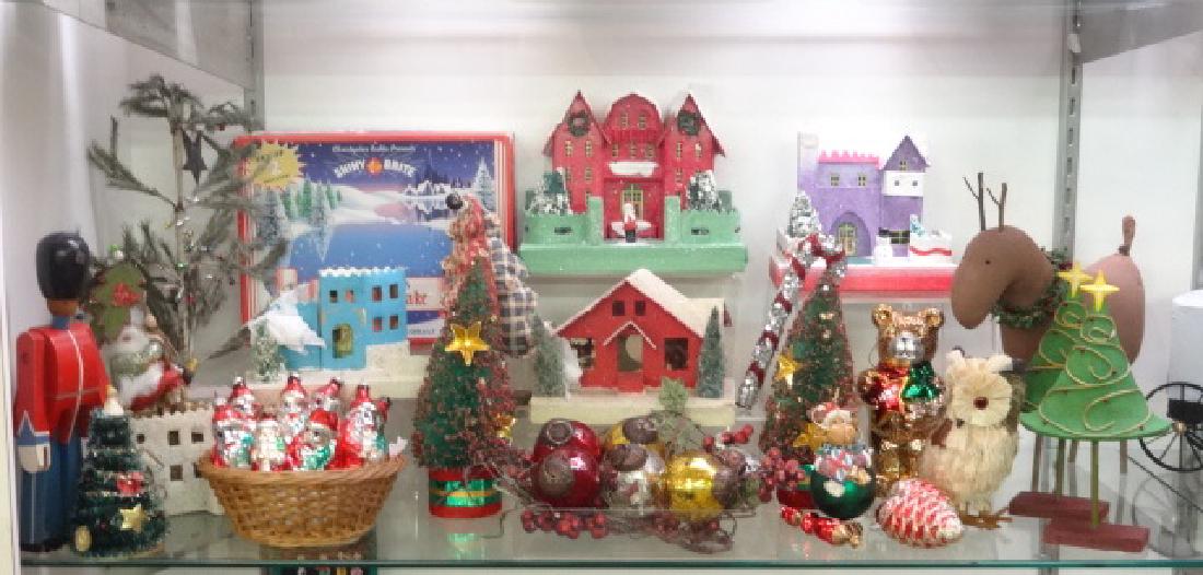 Contemporary Christmas Collection: Radko Snow Houses, other older pieces, Country trees, Cloth Reindeer, Figural Christmas Balls, Brush trees…..more! Beautiful lot!