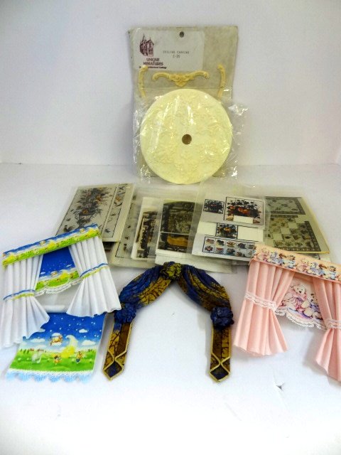 Dollhouse Architectural Items: Grouping of Dollhouse Architectural carvings, curtains, tile kits, most in original package
