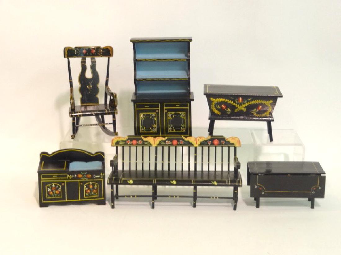 Doll Furniture: Larger scale doll furniture w/colorful flowers suitable for displaying 8 in. to 10 in. dolls, like Cissette, Alexander, etc., 8 in. tallest