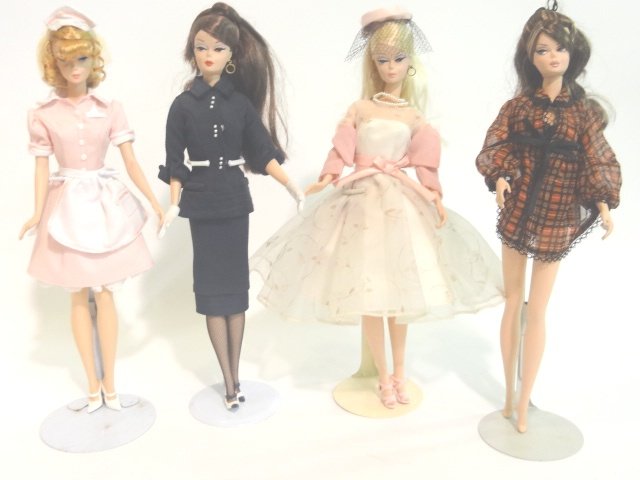 Silkstone Waitress 2006, Silkstone Highland Barbie,: Waitress Barbie designed by Robert Best; Highland fling doll designed by Robert Best (no shoes); Silkstone Barbie Nave Blue Suit with pearl; party Barbie pink dress; no boxes to be sold as a lot with