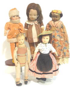 Early Cloth Dolls: Early mask face cloth/felt dolls and one composition head on an early body. Doll in orange has a Chad Valley Button. Doll in brown dress is marked on foot, "Farnell's Alpha toys". Farnell doll is in r