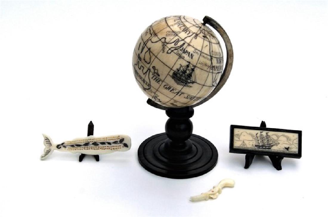 Scrimshaw Dollhouse Miniatures: Scrimshaw bone miniatures for the dollhouse, world globe on turned wood base 3.25"H, whale shaped cribbage board with wood pegs 2"L, whaling ship in wood frame 1.5"W and bone jagging wheel