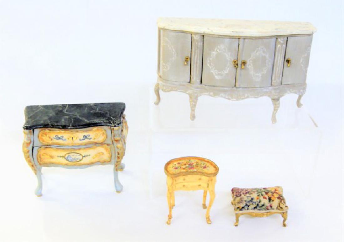 French Style Painted dollhouse Furniture: Four pieces of French style painted dollhouse furniture, all unsigned, Buffet with marbleized scalloped top over four doors and cabriole legs 5.5"W, 3.25"H, 1.75"D, commode with marbleized top over tw