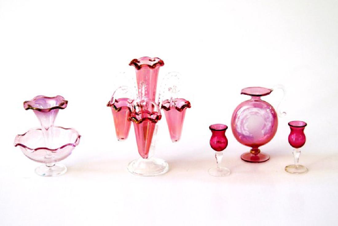 Artisan Pink Glassware for Dollhouse: Pink and clear glass epergne 1.75"H with three matching hanging glass baskets, pink wine ewer with etched monarch head 1.25"H and two matching goblets, pink epergne 1 1/8"H