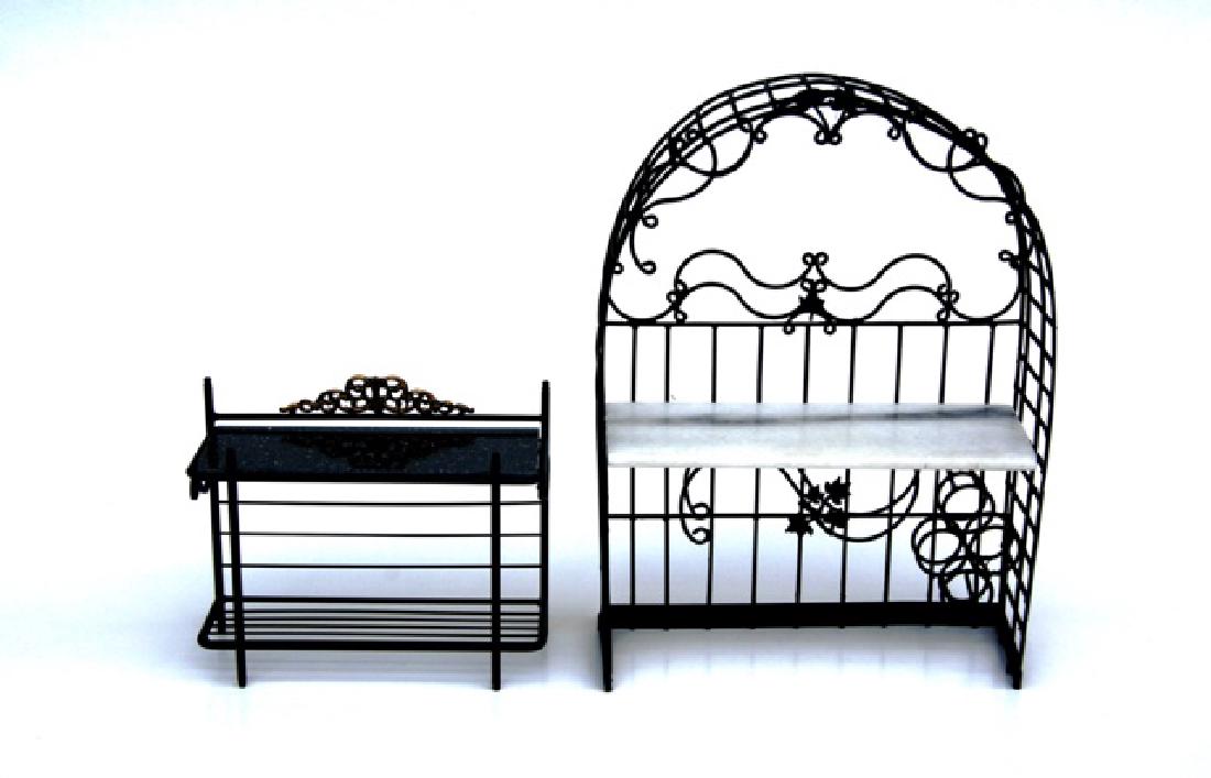 Mary Carson Wine Rack & Getzan Baker's Rack for: Mary Carson dollhouse miniature black wire wine rack with white stone top 4.5"W, 6.5"H, 1.5"D, Jason Getzan black wire short baker's rack with ormolu style crest and black stone top 3.75"W, 3"H, 1.5"D