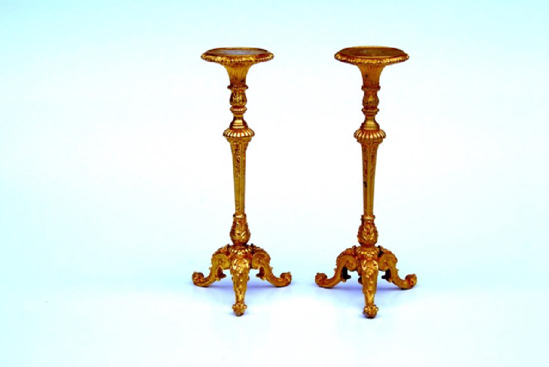 Pair John Hodgson Pedestals for Dollhouse: Pair of John Hodgson dollhouse miniature solid cast rococo pedestals, round dished tops with gadrooning, reeding, acanthus leaf and ivy decoration, cabriole legs with a scrolled foot, 4"H
