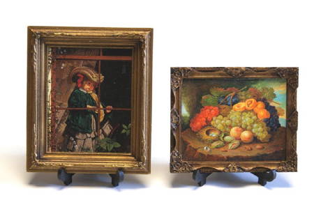 Two Paul Saltarelli Miniature Oil Paintings: Two Paul Saltarelli dollhouse miniature oil paintings, No Walking Today after Sophie Anderson circa 1856 in wood frame 2 7/8" by 3 3/8", Still Life With Grapes and Nest in wood frame 2 3/8" x 3"