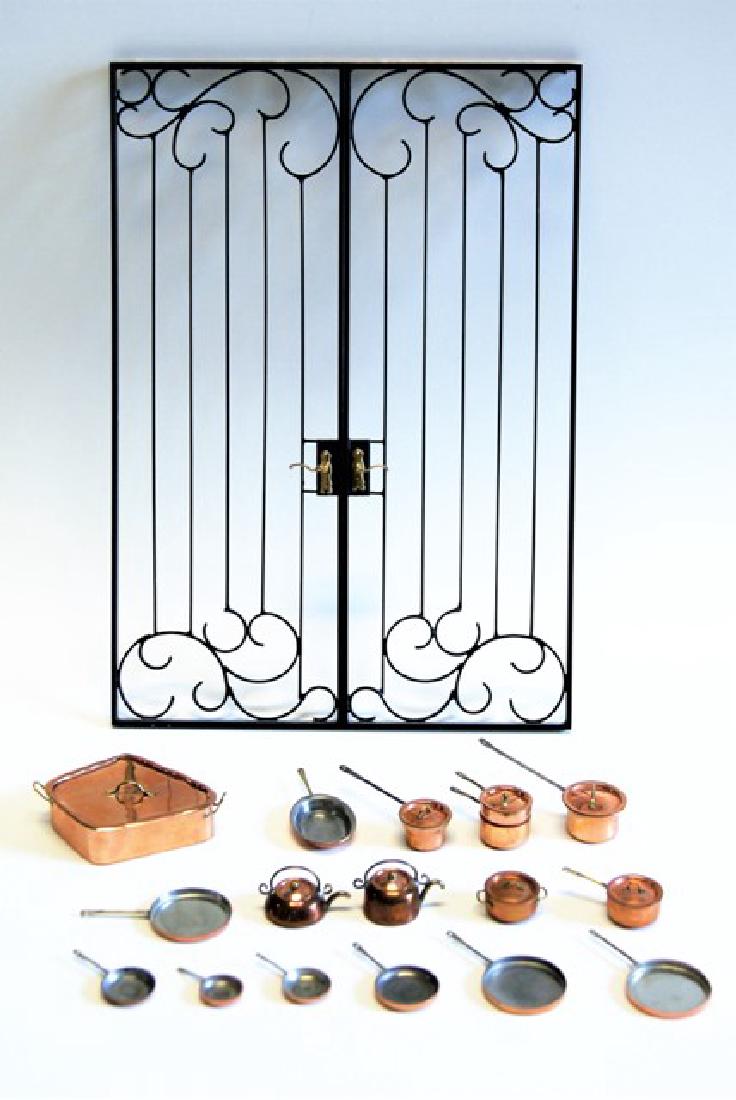 Getzan Copper Accessories & Gates for Dollhouse: Nice assortment of Getzan copper cookware, boiler 2.25"W, pots, pans, skillets, teapots, also pair of black metal gates with brass handles 5.5" x 8"