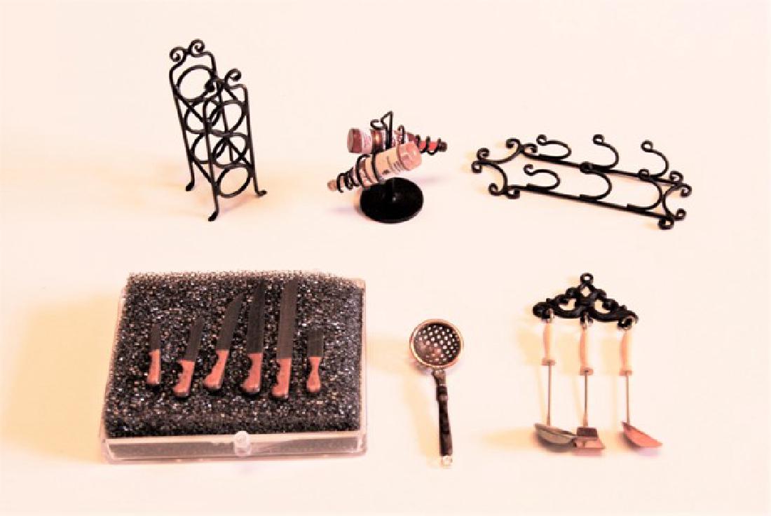 Getzan Metal Kitchen Accessories for the Dollhouse: Getzan dollhouse miniature kitchen accessories, all in original boxes, strainer with rosewood handle, wire wine rack with two bottles, hanging wine rack 2.25"H, set of six kitchen knives, ladle and sp