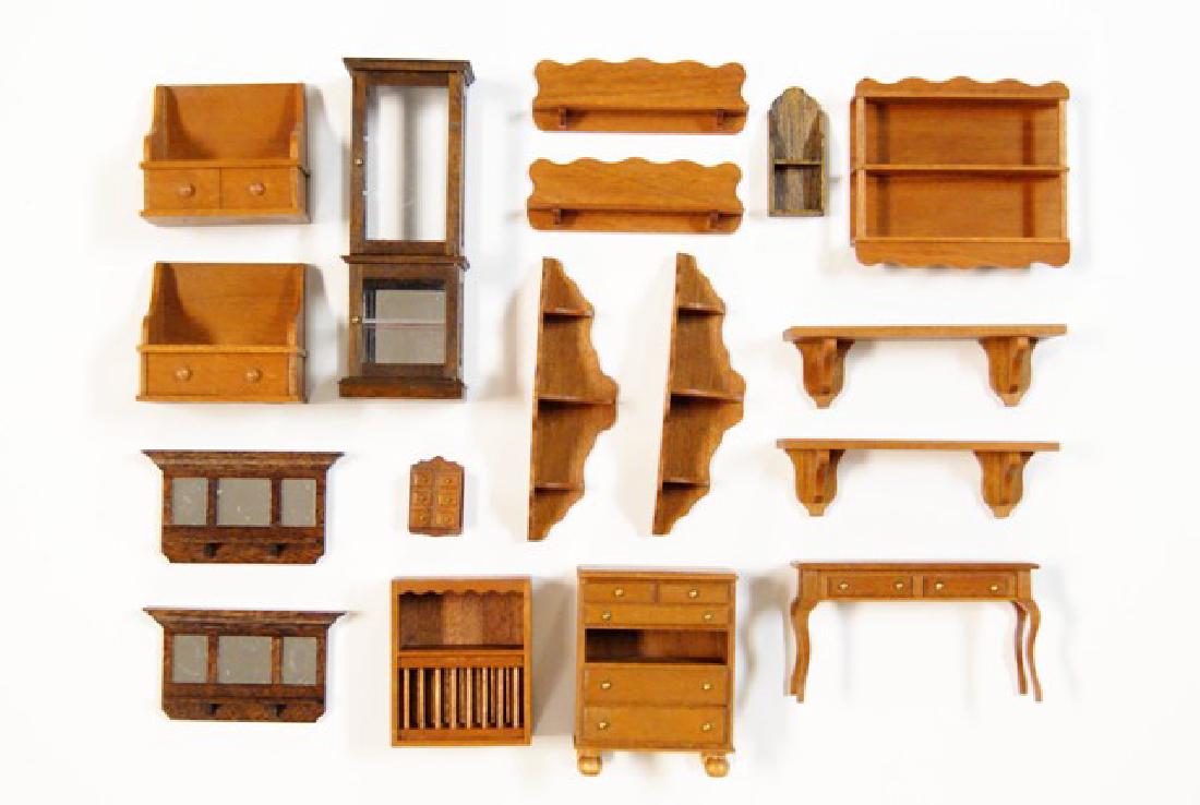 M&R 1/2" Scale Dollhouse Furniture: M&R, Mary and Ron 1/2" scale dollhouse furniture, seven wall shelves, hanging plate rack 1.5"H, dresser missing drawer, two mirrored coat racks, two settle benches, Queen Ann style two drawer table 2.