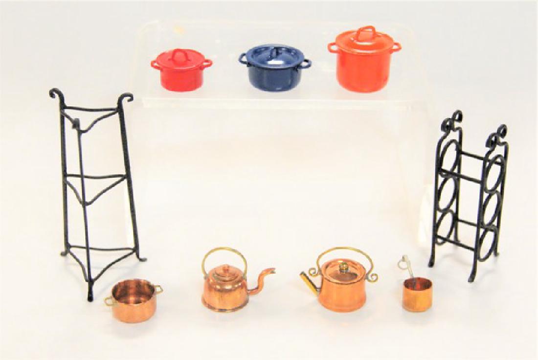 Getzan 1/2" Metal Accessories: Getzan 1/2" scale dollhouse miniature kitchen accessories, copper pots and teapot, painted copper boilers, wine rack 1 5/8"H and plant stand 2"H