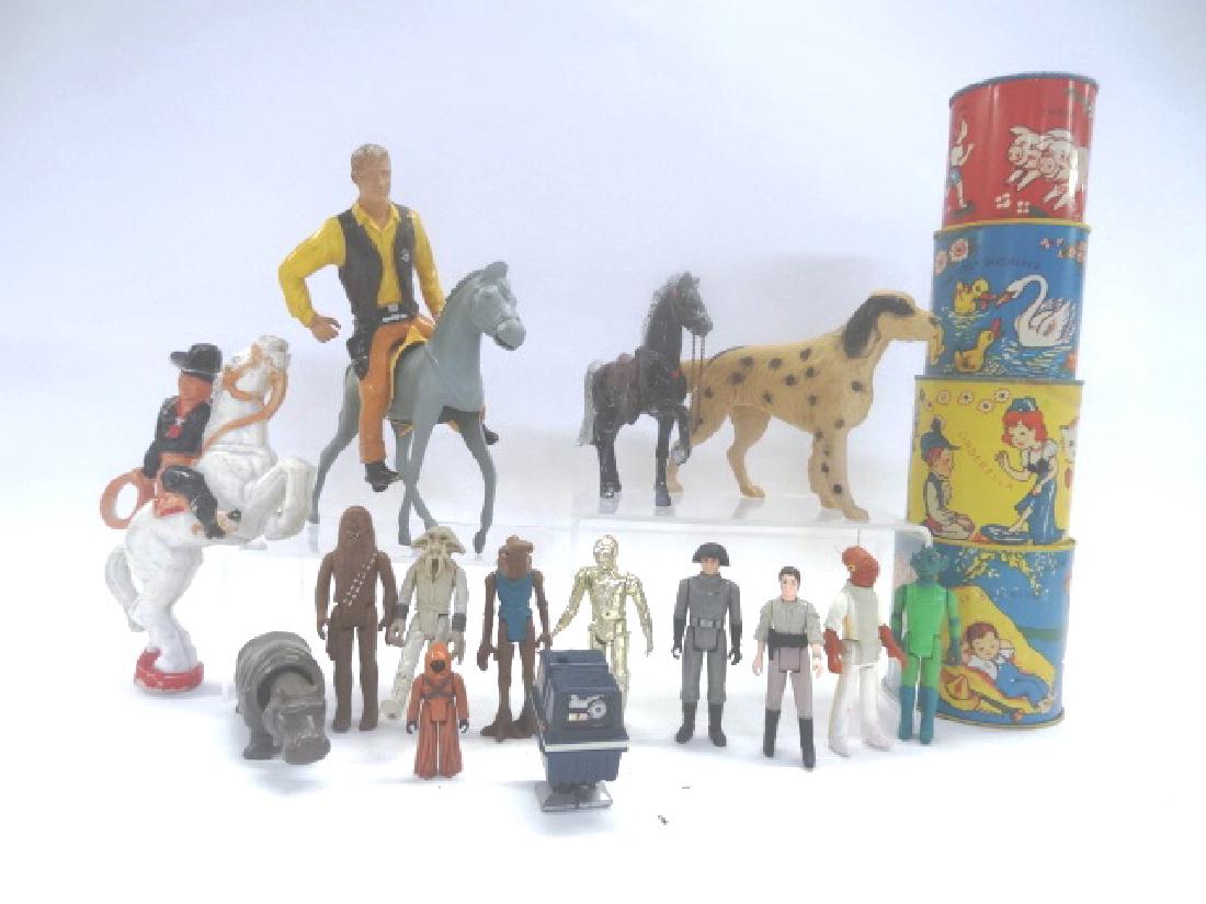 Vintage Star Wars And Cowboy Figures: Vintage Star Wars and cowboy figures and nesting Red Riding Hood tins 3” to 6”t