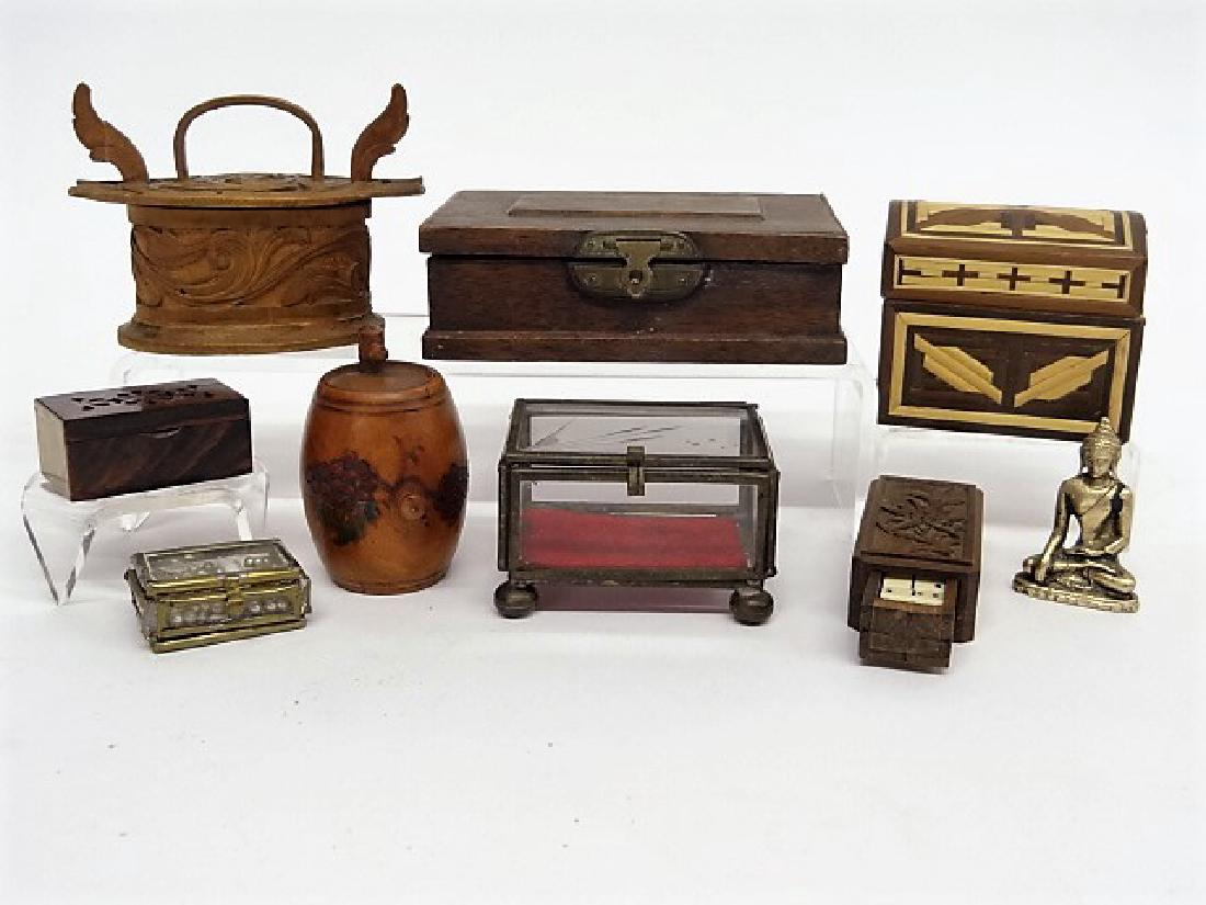 Wood Trinket Boxes: Lot of wood and glass trinket boxes , miniature box with bone dominos , etc