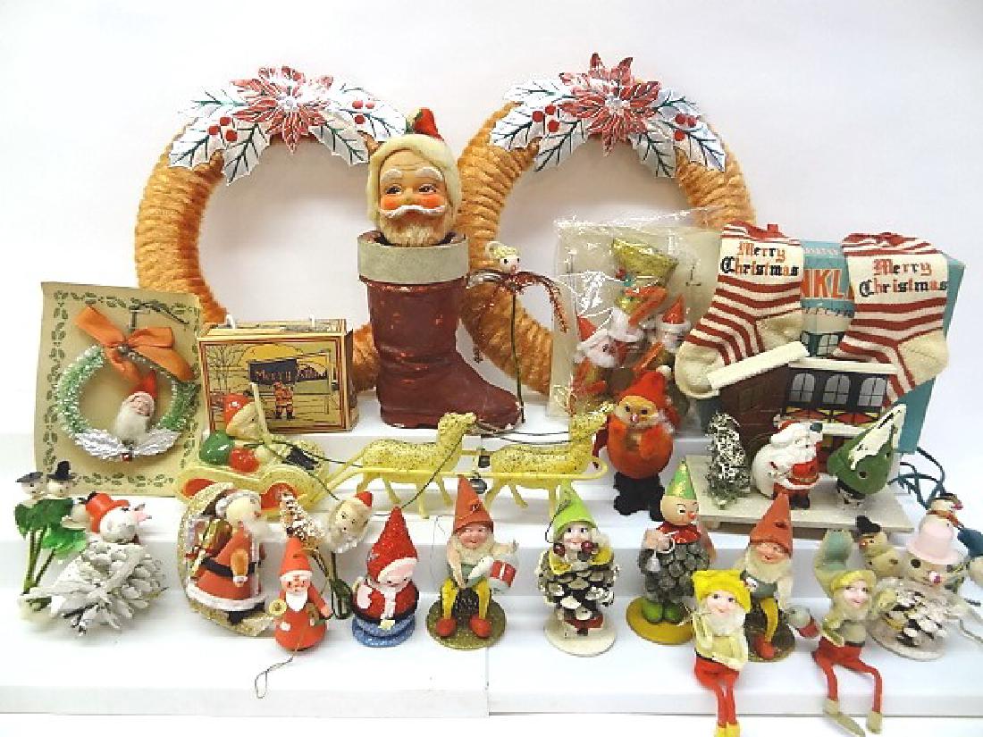 Vintage Christmas Ornaments: Group of vintage box and socks etc. fun group! 2"T