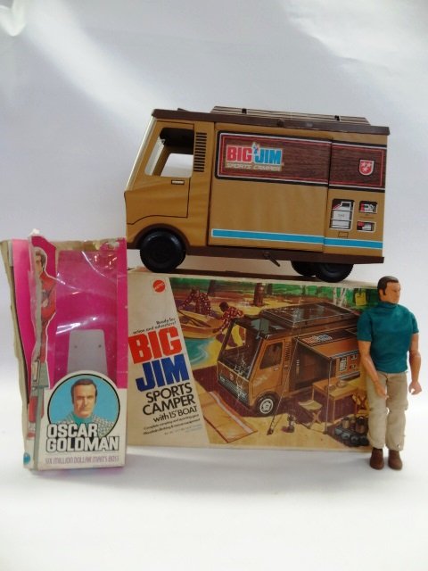Six Million Dollar Man and Big Jim: Big Jim sports camper by Mattel and Oscar Goldman Six Million Dollar Man both with original boxes that do however show wear, 19"Lx12"Wx8.5"T