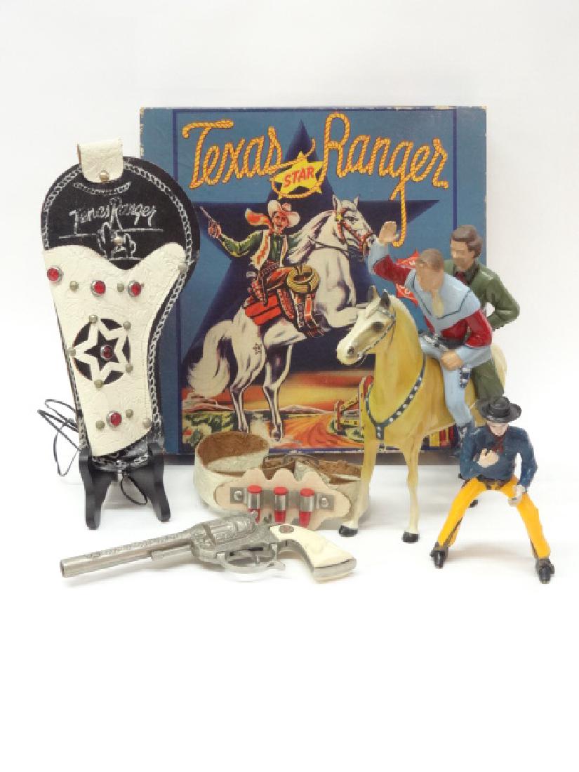 Texas Ranger Figures and Toy Gun: Three figures, one horse, toy gun and holster, original box 12"x2"