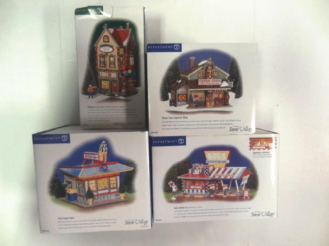 Department 56: Three Snow Village Collection, "Totem Town Souvenir Shop" , "The Frozen Swirl" , "Gus's Drive-In" , One Christmas in the City Series, "Nicholas and CO. Toys" , largest box 12" x 8" x 9"