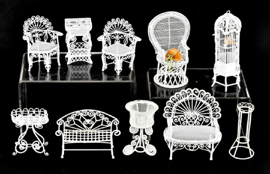 Artisan Patio Furniture Dollhouse Miniatures: Painted white metal wicker style patio furniture, birdcage on stand 5.25"H, settee 3.5"W, high back chair 4"H, three styles of plant stand, table 2.75"H, corner chairs and bench
