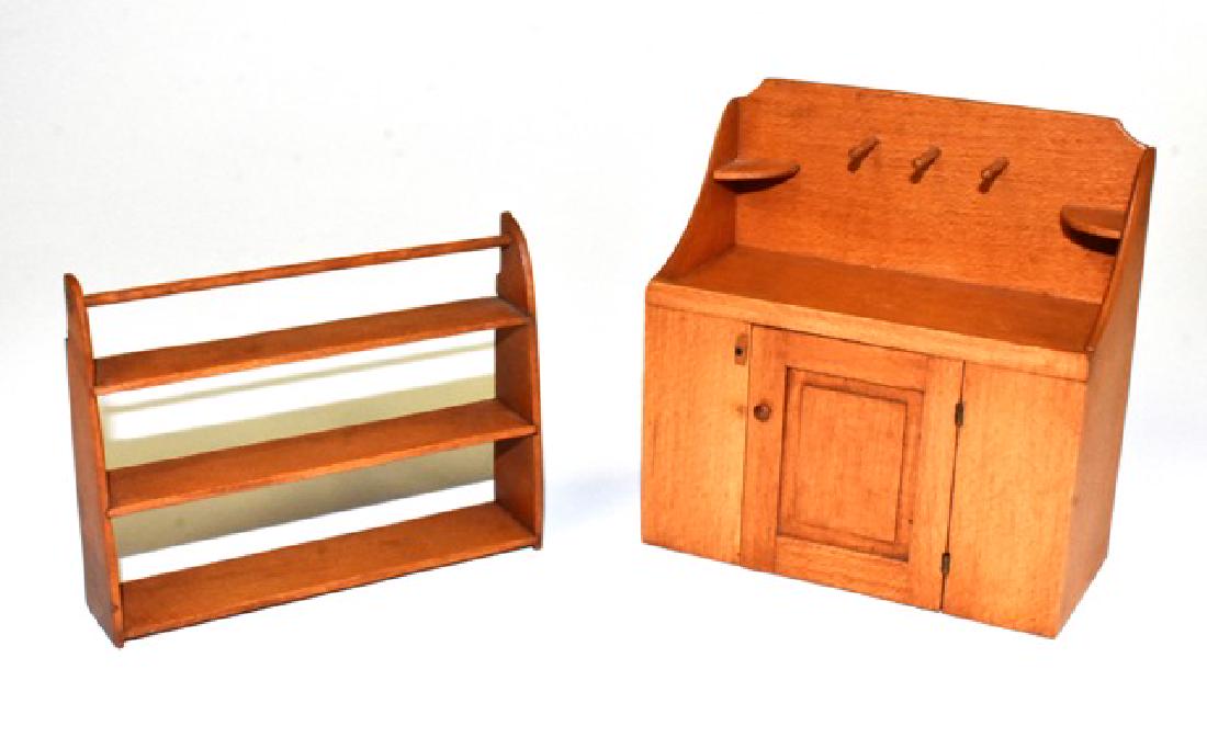 George Hoffman Dry sink & Shelf Dollhouse Miniatures: George Hoffman Shaker style dry sink with pegs and corner shelves over a single paneled door covering a shelf 3.25"W, 3.25"H, 1.5"D and a similar three shelf rack with hanging bar 3.25"W, 2.5"H