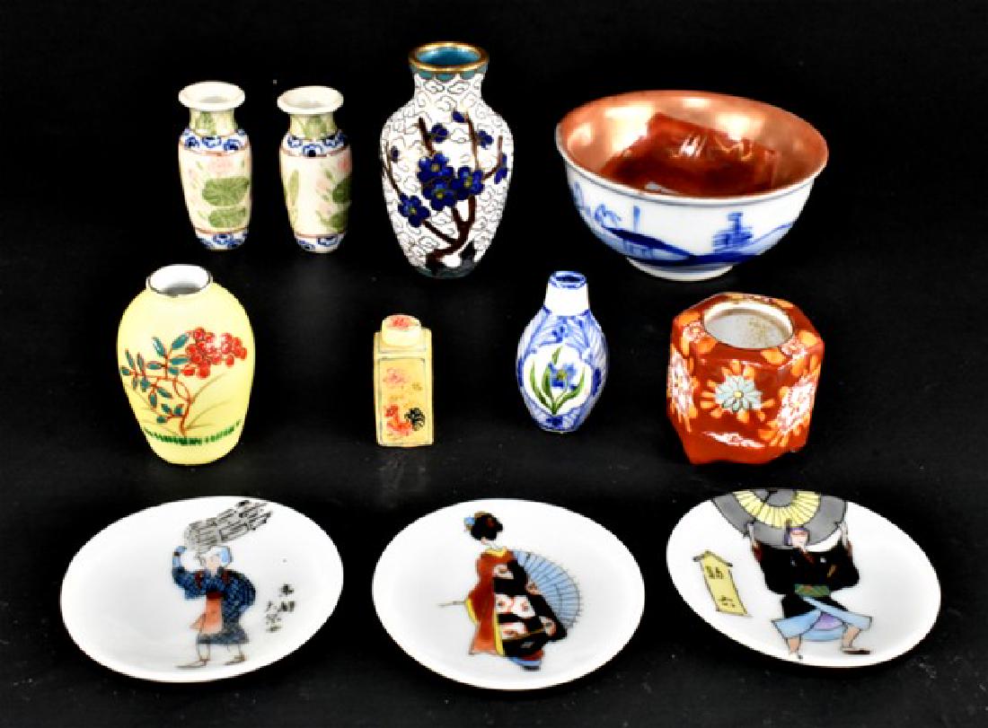 Japanese Style China Dollhouse Miniatures: Japanese hand painted bowl 2 1/8"W, pair of floral decorated vases 1.25"H, hexagon vase, blue and white jar, tea caddy, three chargers 2"W and cloisonné floral vase 1.75"H