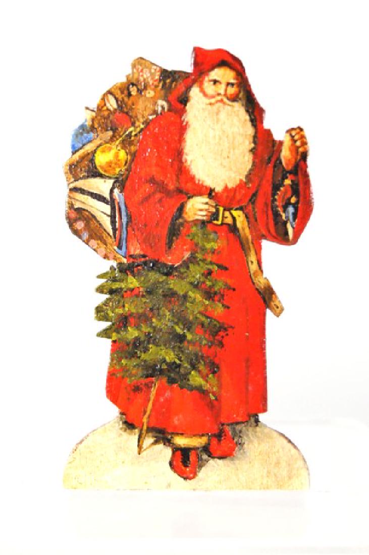 George Schlosser Santa Painting Dollhouse Miniature: Incredible hand painted on wood Santa standup by George Schlosser, painted on both sides 2.75"H with original box