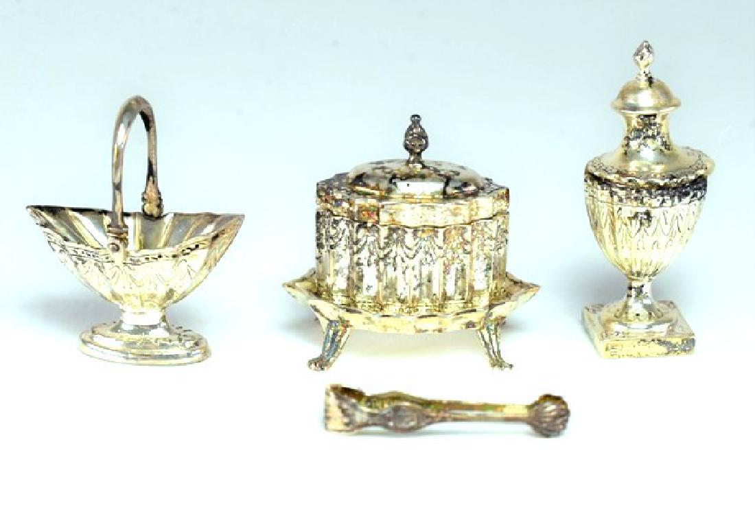 Obadiah Fisher Sterling Tea Equipment for Dollhouse: Obadiah Fisher oval scalloped sugar bowl on matching stand with lid 1"W, neo-classical round scalloped sugar urn with lid on square foot, scalloped oval sugar basket with swing handle .75"L and tea to