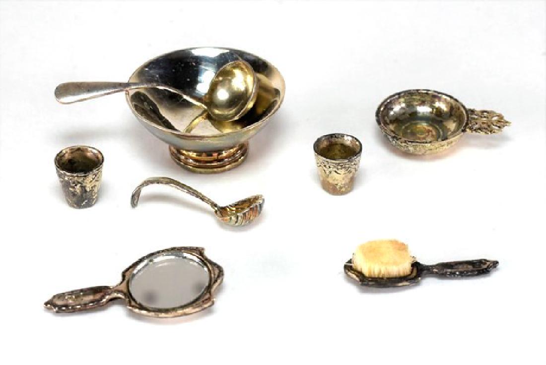 Obadiah Fisher Punch Bowl & Accessories for Dollhouse: Obadiah Fisher sterling Revere style punch bowl .75"W, two ladles, two tumblers, porringer, mirror and brush set