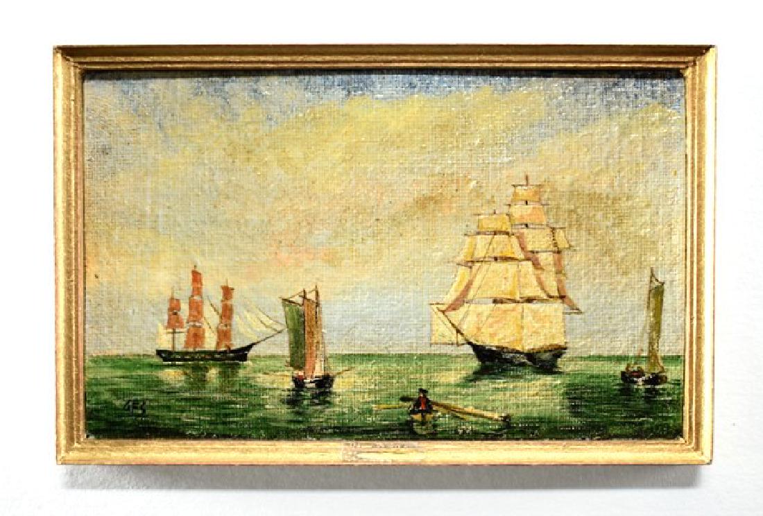 George Schlosser Salem Harbor Dollhouse Painting: George Schlosser oil painting of sailing ships after the original "Salem Harbor" by Fitz Hugh Lane circa 1853, 2.5" by 4"