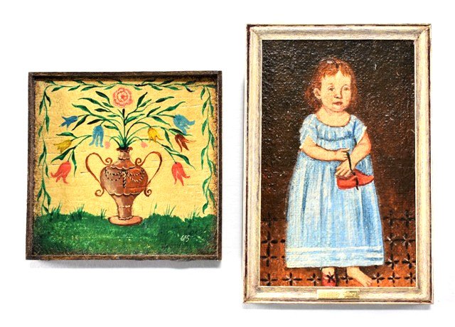 George Schlosser Portrait & Still Life for Dollhouse: George Schlosser oil painting of child after "One Shoe Off" by John Brewster Junior circa 1807 in the New York Historical Association Cooperstown New York 2" by 3", oil painting still life of flowers 