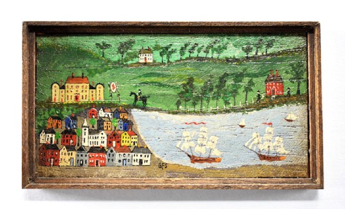 George Schlosser Harbor Painting for Dollhouse: George Schlosser oil painting after the original over mantel painting from the Burk Tavern in Bernardston Mass. 2.25" by 4"