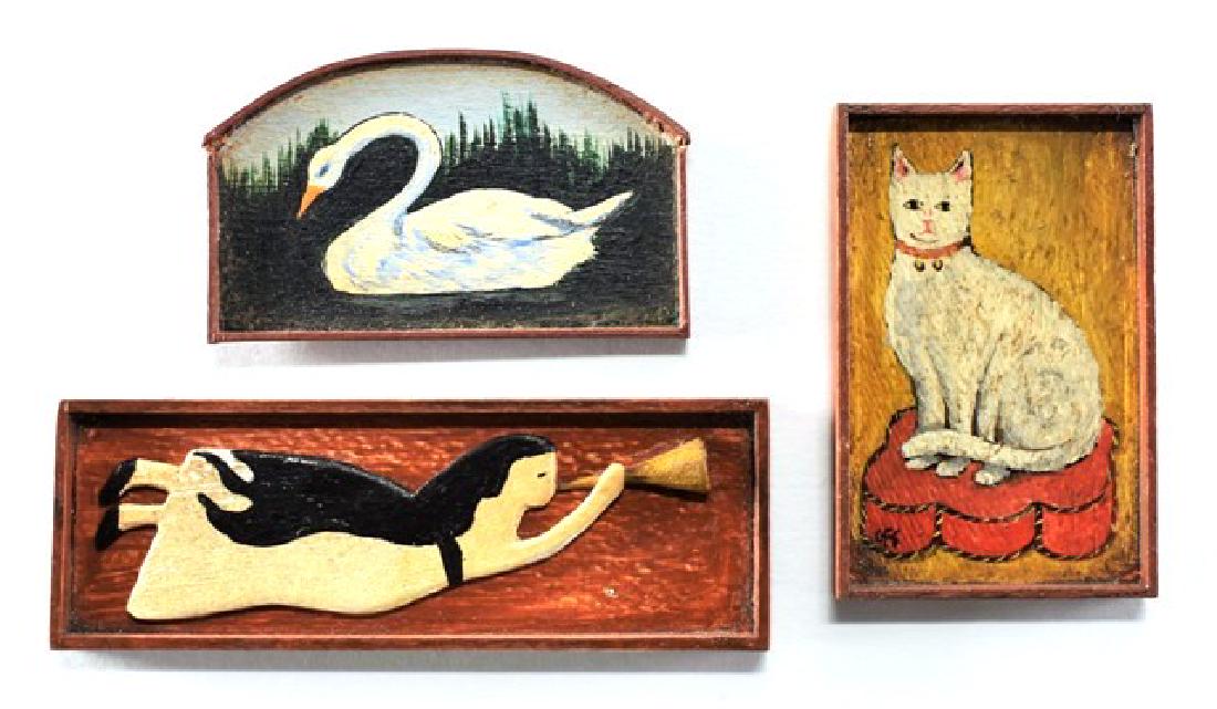 George Schlosser Paintings of Angel & Animals for: George Schlosser oil painting of a swan 1.25" by 2", oil painting of a cat 1.25" by 2", painted wood angel with trumpet applied to wood background 1" by 3"