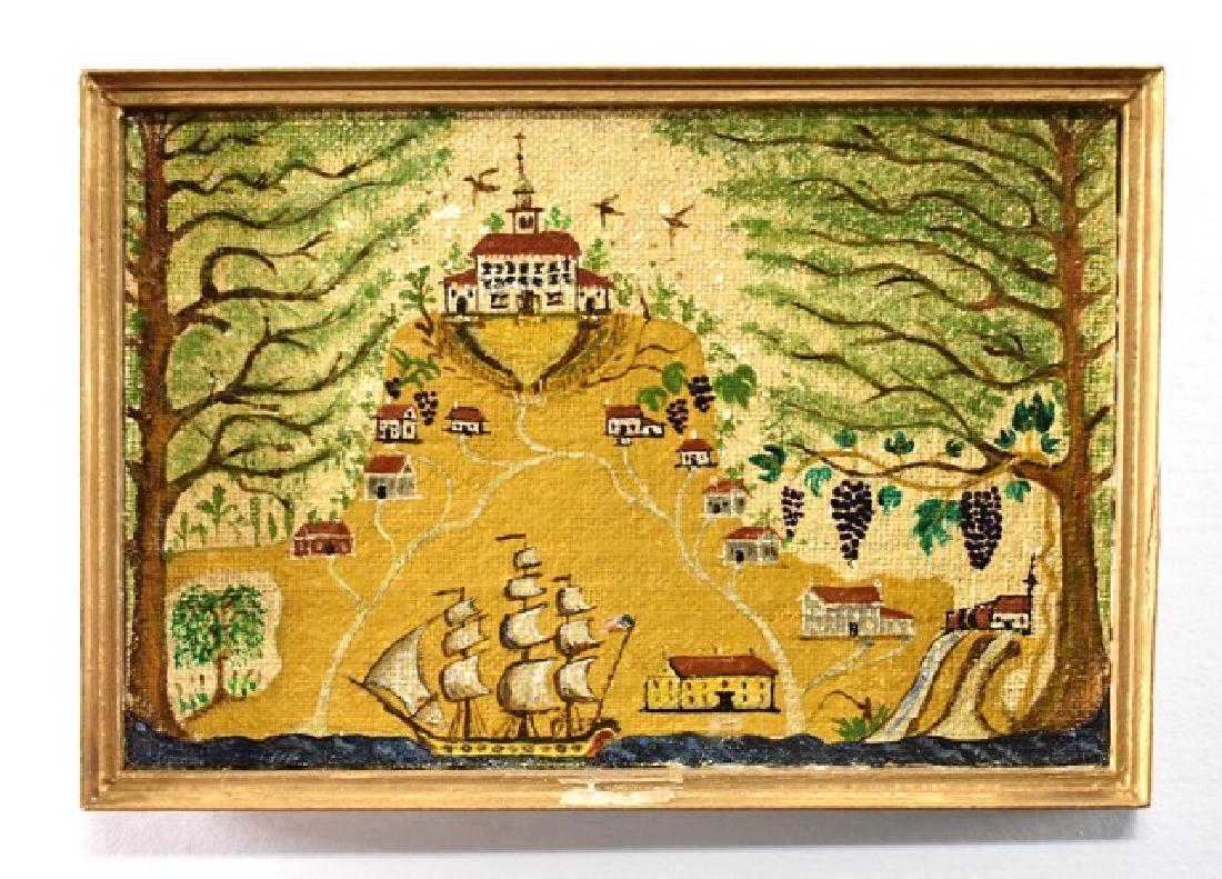 George Schlosser Plantation Painting For Dollhouse: George Schlosser oil painting of ship sailing by plantation house on a hill after "The Plantation House" circa 1825 in the Metropolitan Museum Of Art 2.75" by 3.75"