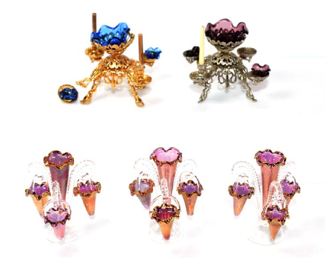 Petite Elite & Blauer Dollhouse Epergnes Miniatures: Petite Elite three hand blown pink and clear glass epergnes with hanging glass baskets 1.5"H, Ellen Blauer electroplated gold epergne with blue basket and dishes 1.5"W needs minor reassembly, Ellen Bl