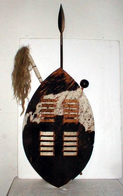 Zulu zebra-skin ovoid Shield with club, spear