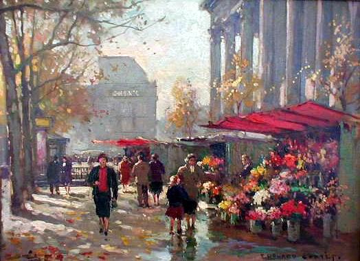 Edouard Cortes (French 1882-1969): Edouard Cortes (French 1882-1969) "FLOWER SELLER ON LA MADELEINE" oil on canvas signed "Edouard Cortes" lower right 13 x 18in.
